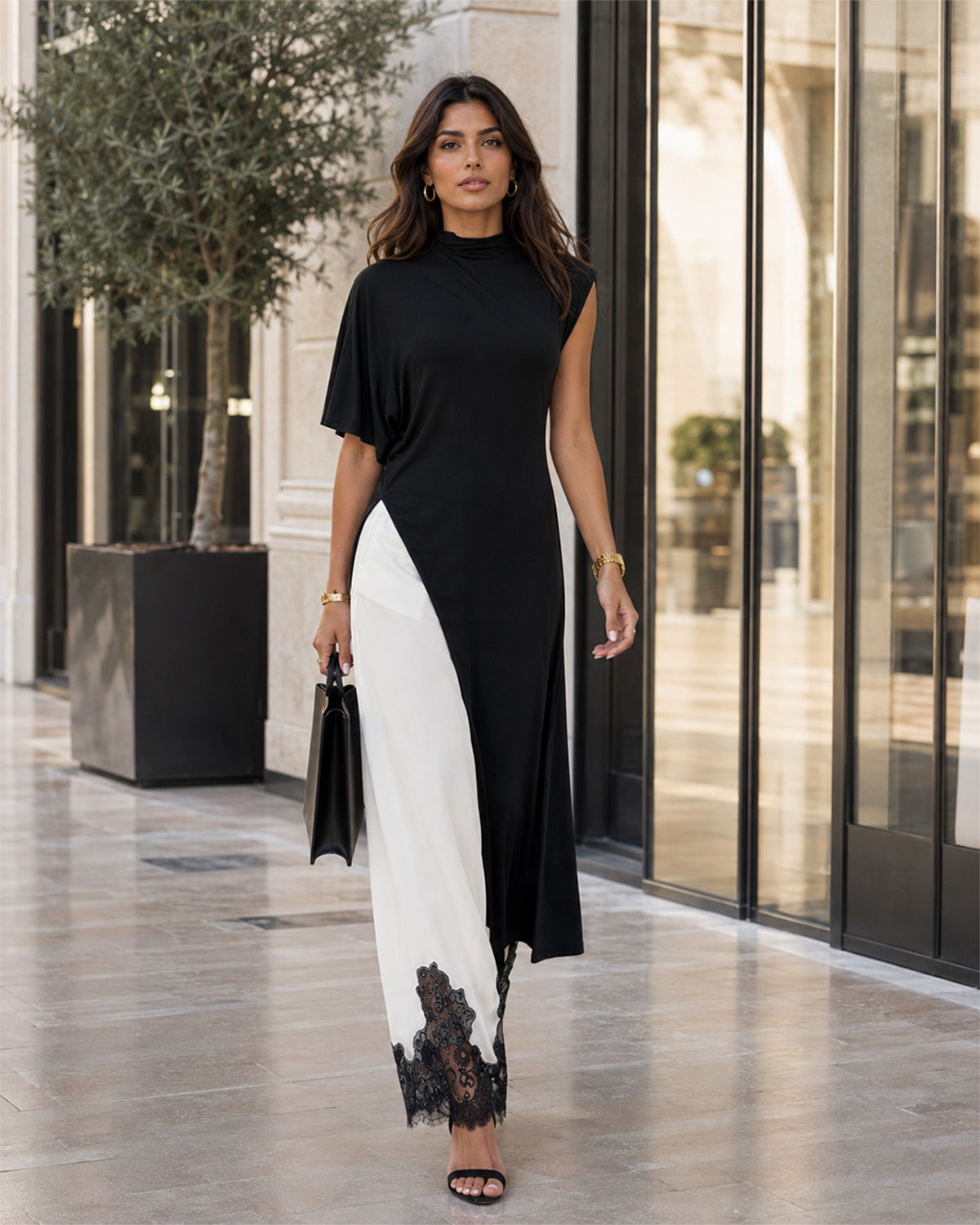 Alina Asymmetric Tunic & Lace-Trim Trouser Set