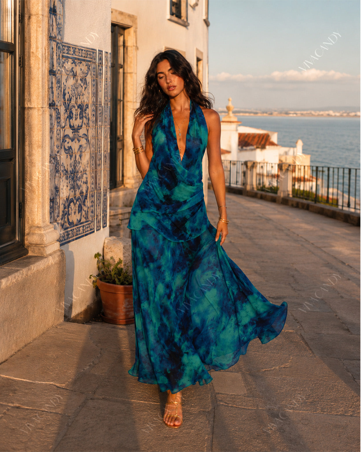 Maris Tie-Dye Halter Wrap Maxi Dress