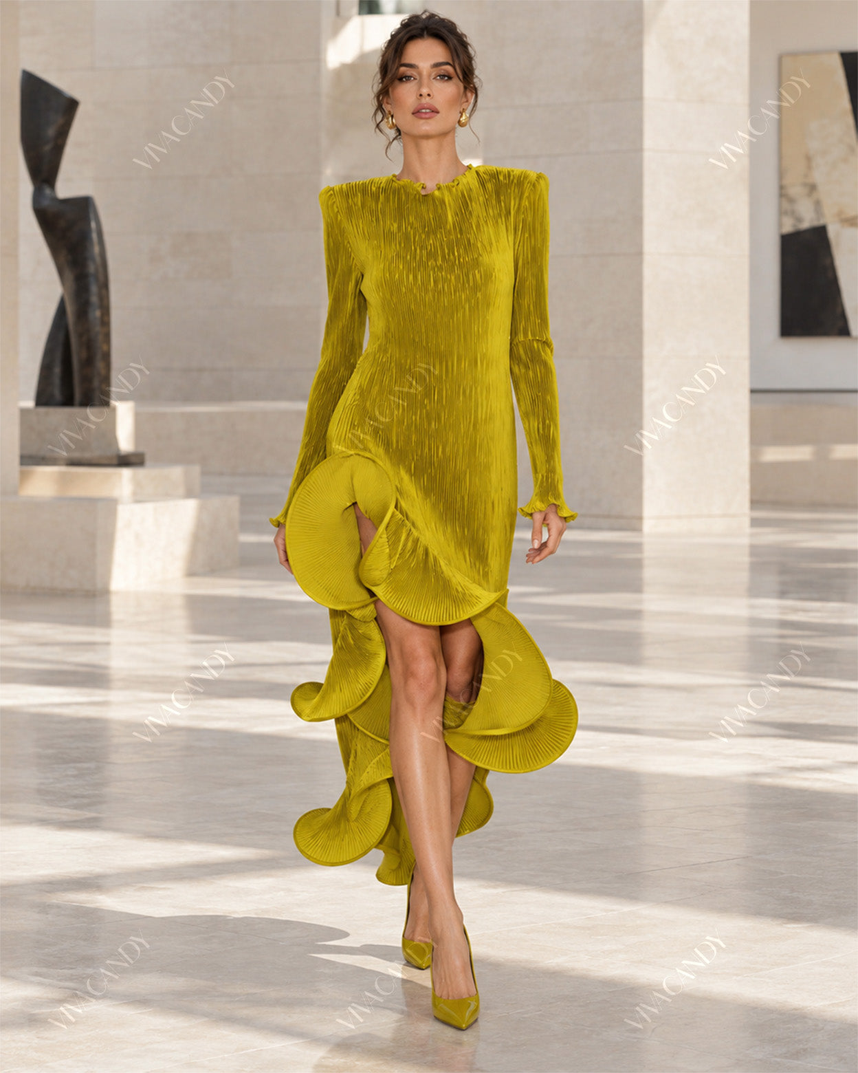 Celeste Sculptural Ruffle Asymmetric Midi Dress