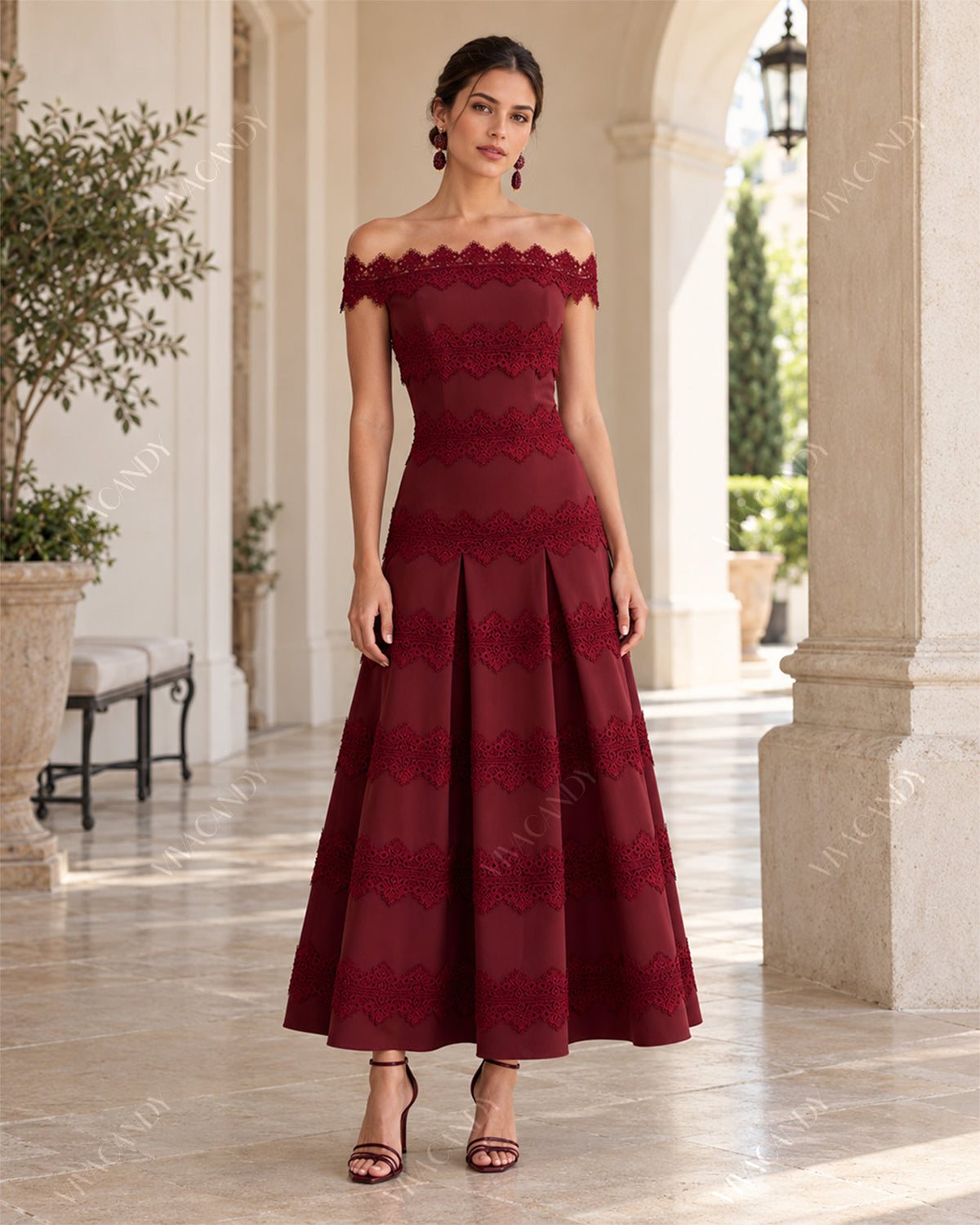 Valentina Lace-Trim Bardot Midi Dress