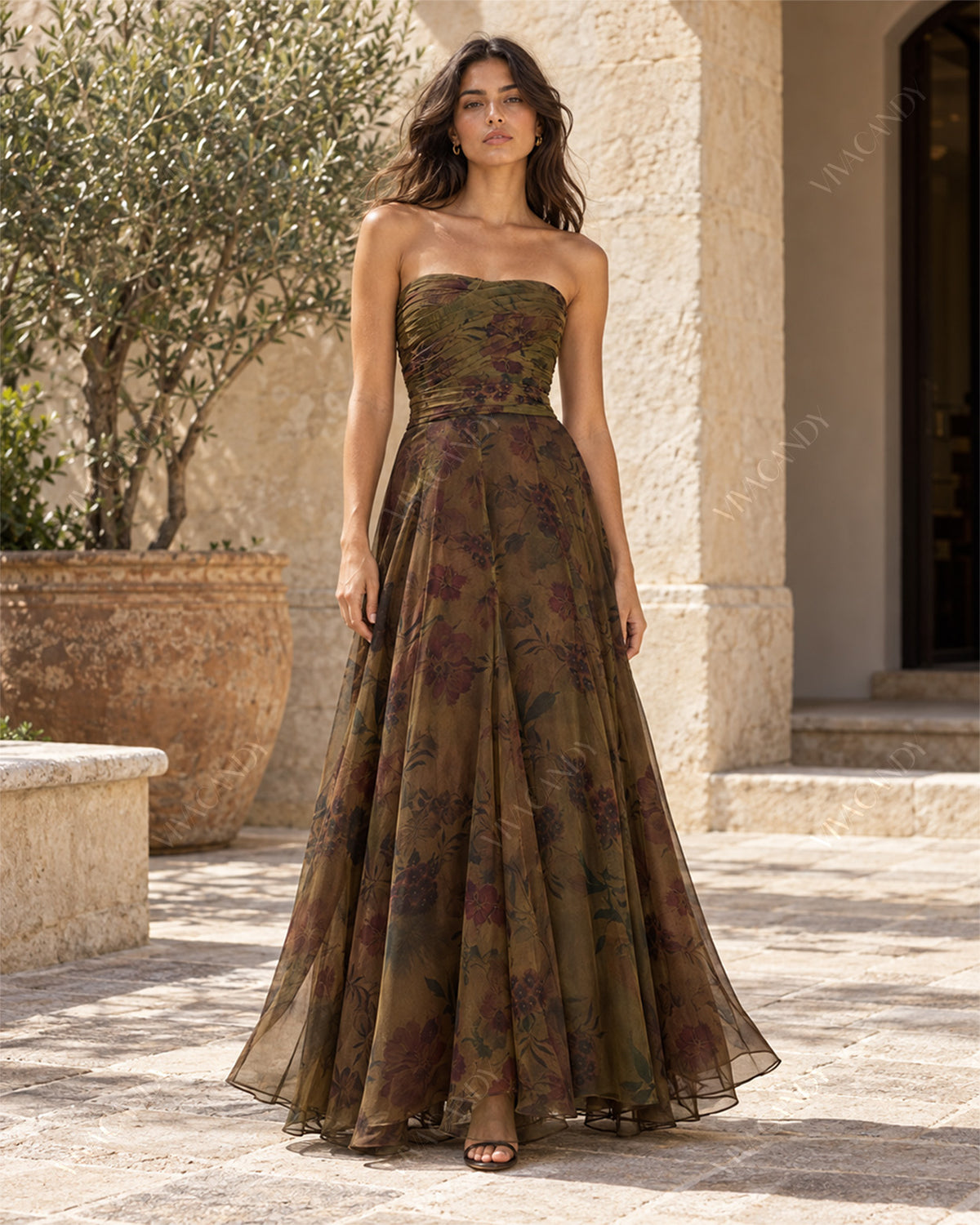 Vittoria Olive Print Chiffon Top & Ione Maxi Skirt Set