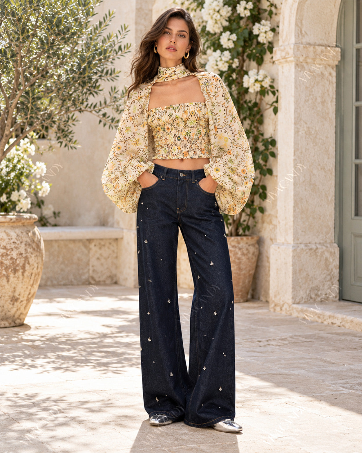 Elowen Printed Smocked Balloon-Sleeve Top