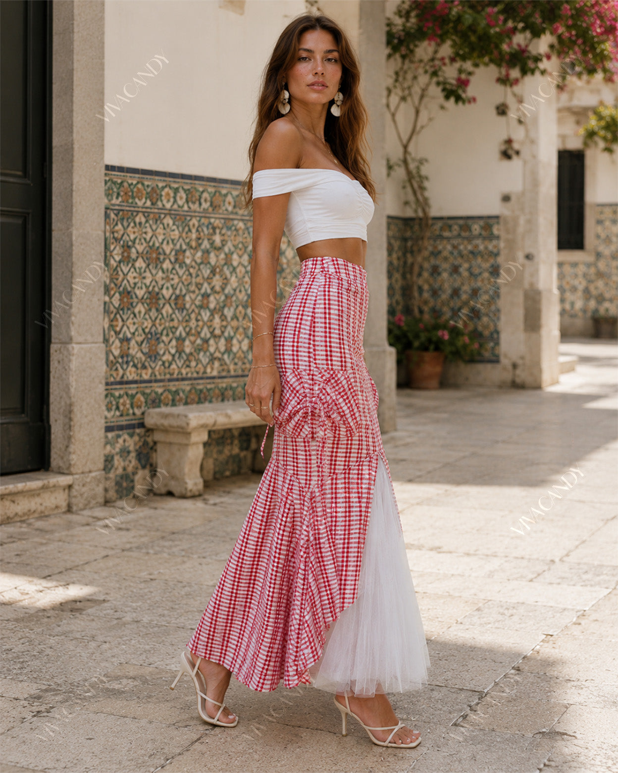 Rosalie Ruched Plaid Tulle Maxi Skirt