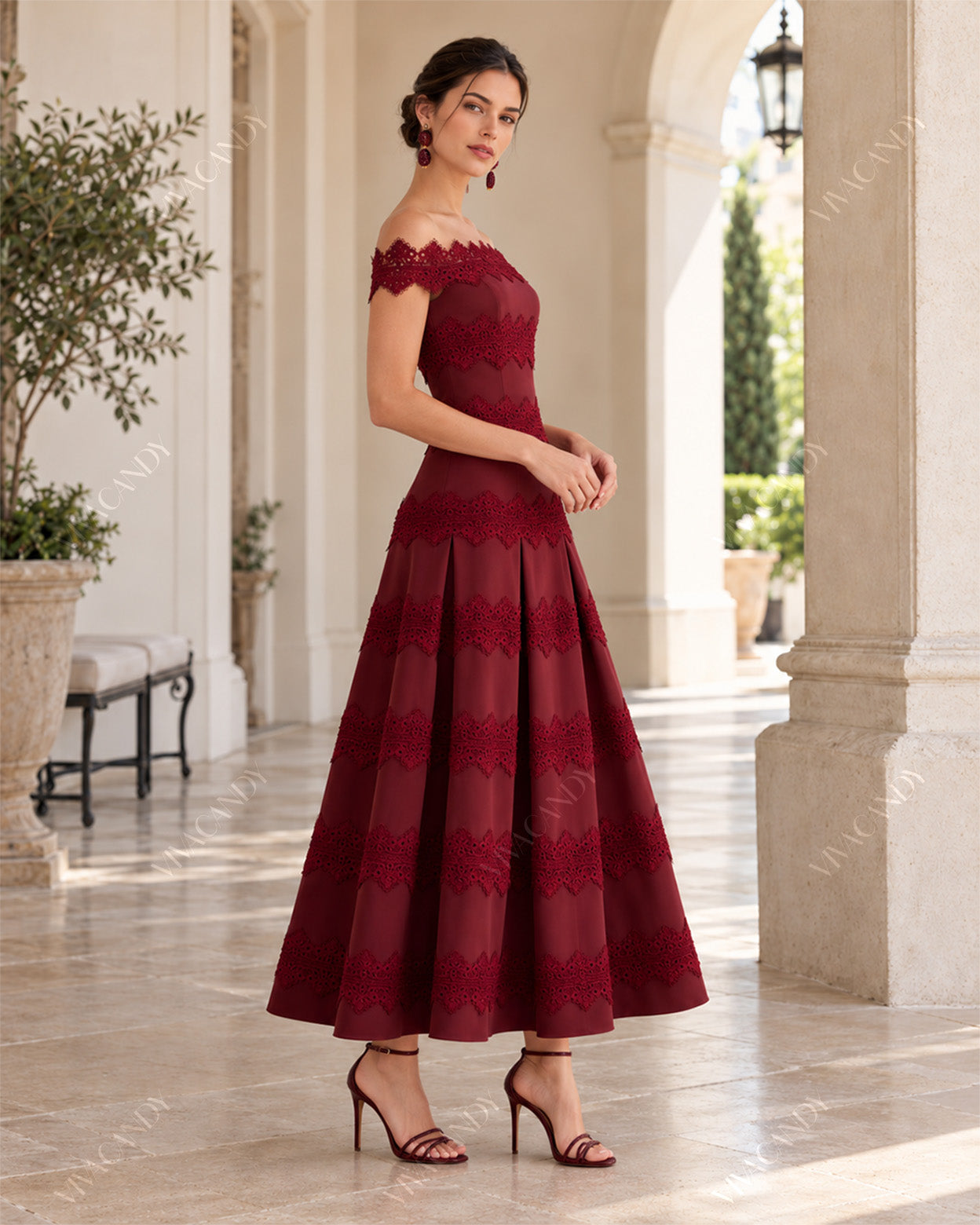Valentina Lace-Trim Bardot Midi Dress