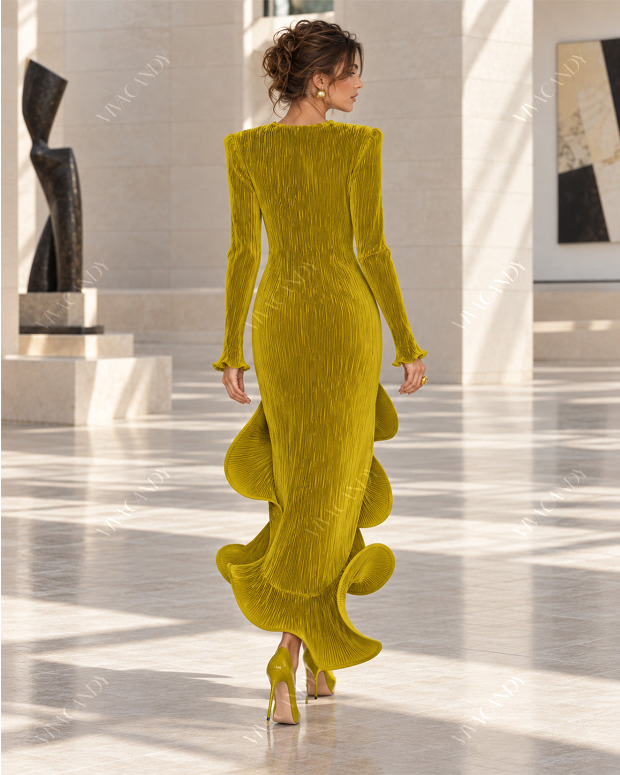 Celeste Sculptural Ruffle Asymmetric Midi Dress
