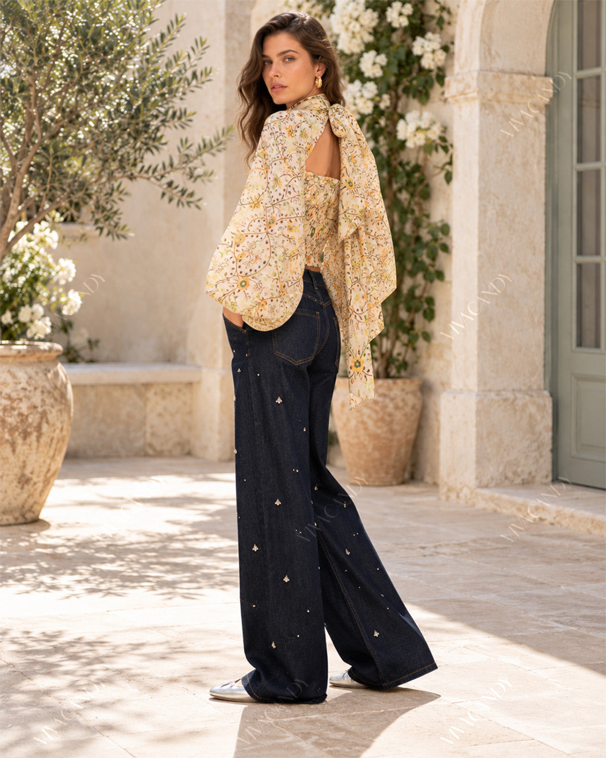 Elowen Printed Smocked Balloon-Sleeve Top
