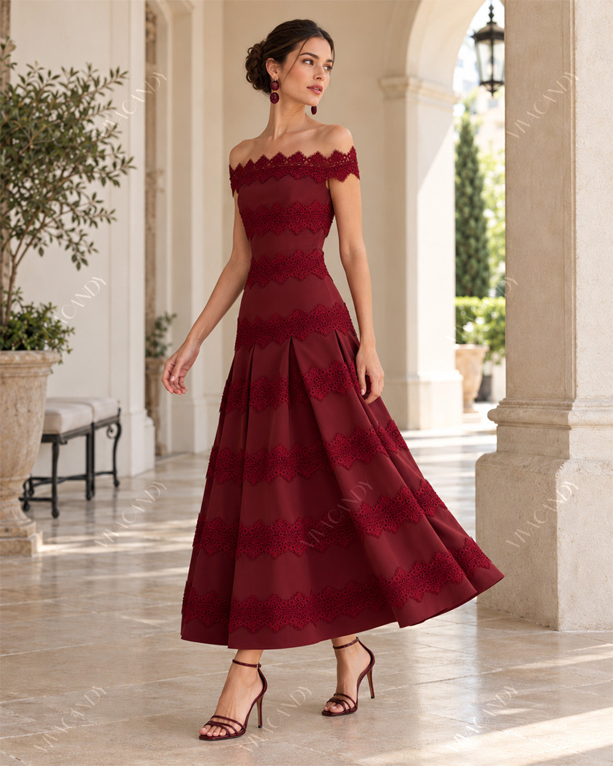 Valentina Lace-Trim Bardot Midi Dress