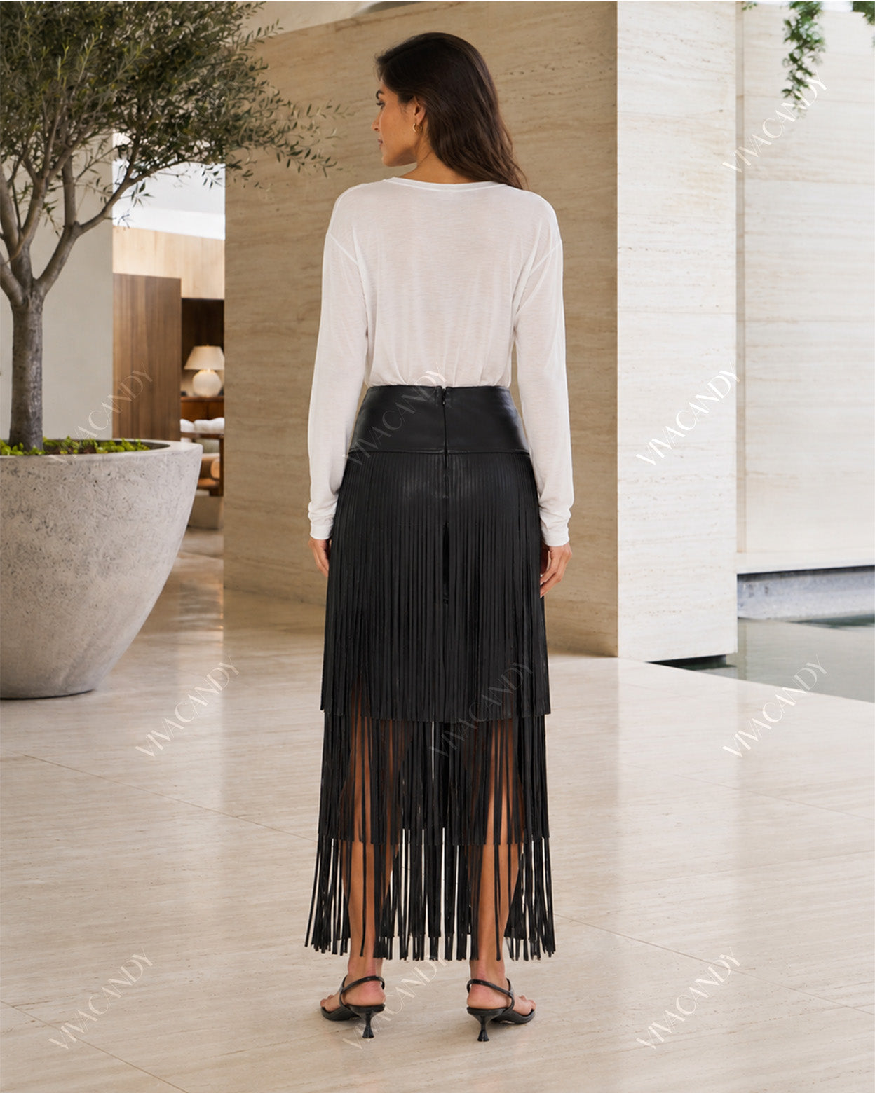 Vesper Faux Leather Fringe Midi Skirt