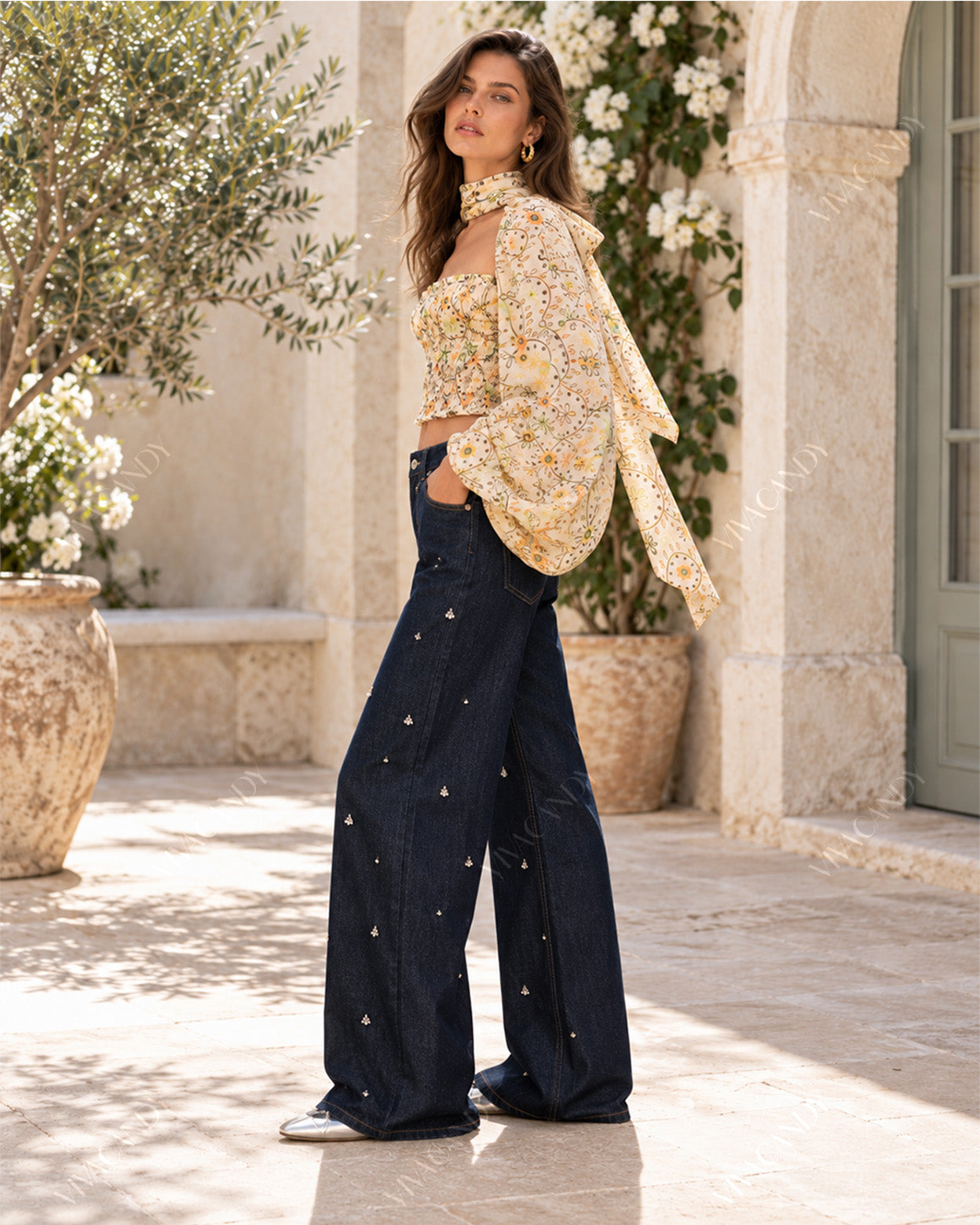 Elowen Printed Smocked Balloon-Sleeve Top