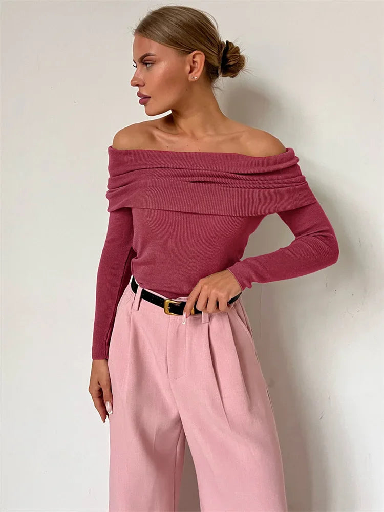 Off-Shoulder Sexy Knit Pullover Sweater For Women Mesh See-Through Long Sleeve Backless Y2k Top Fashion Knitwear Pullover