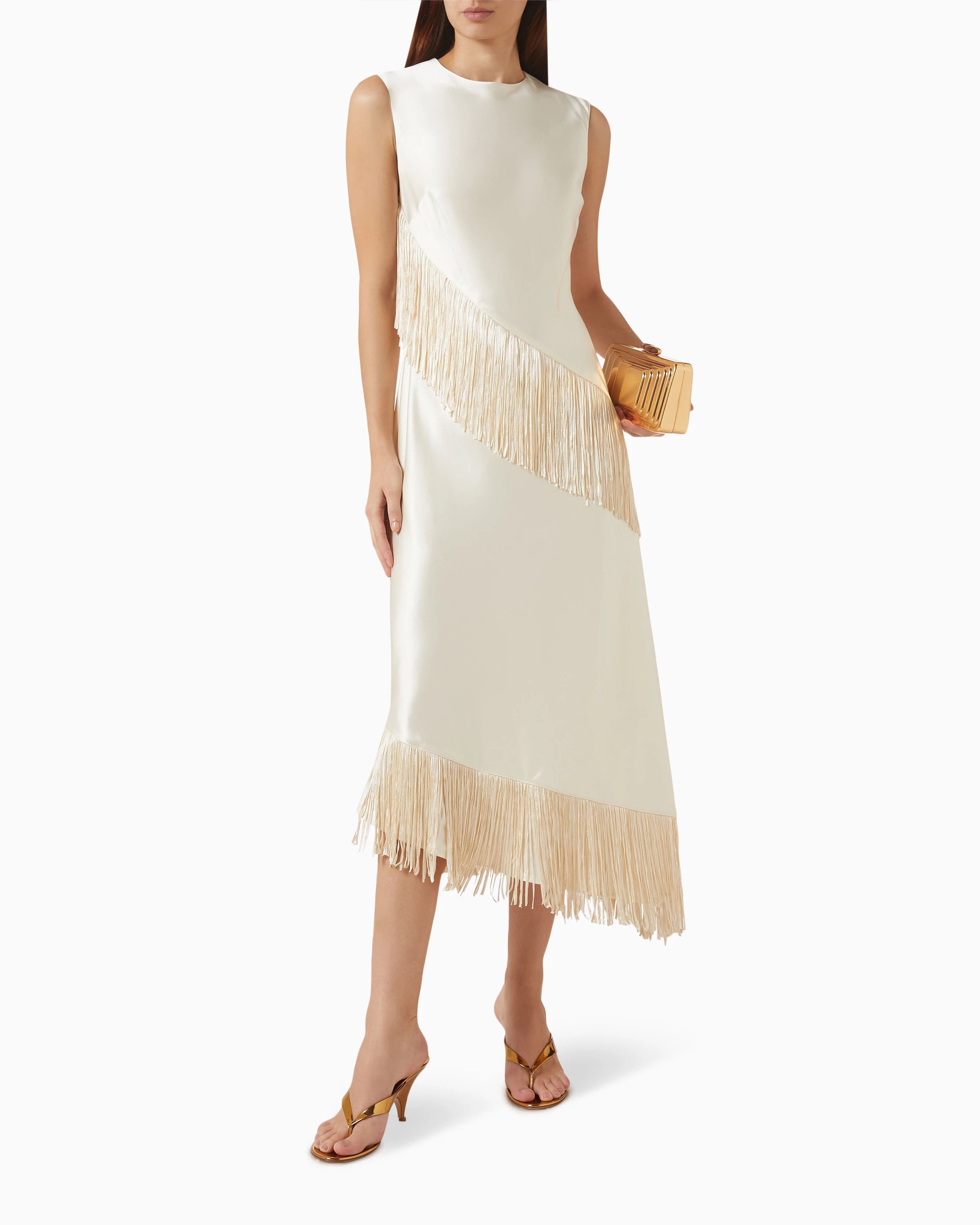 Asymmetric Sleeveless Fringe Details Midi Dress