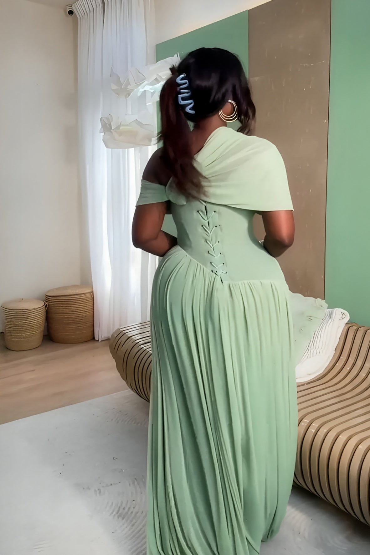 Elara Mint Whisper Ruched Maxi Gown