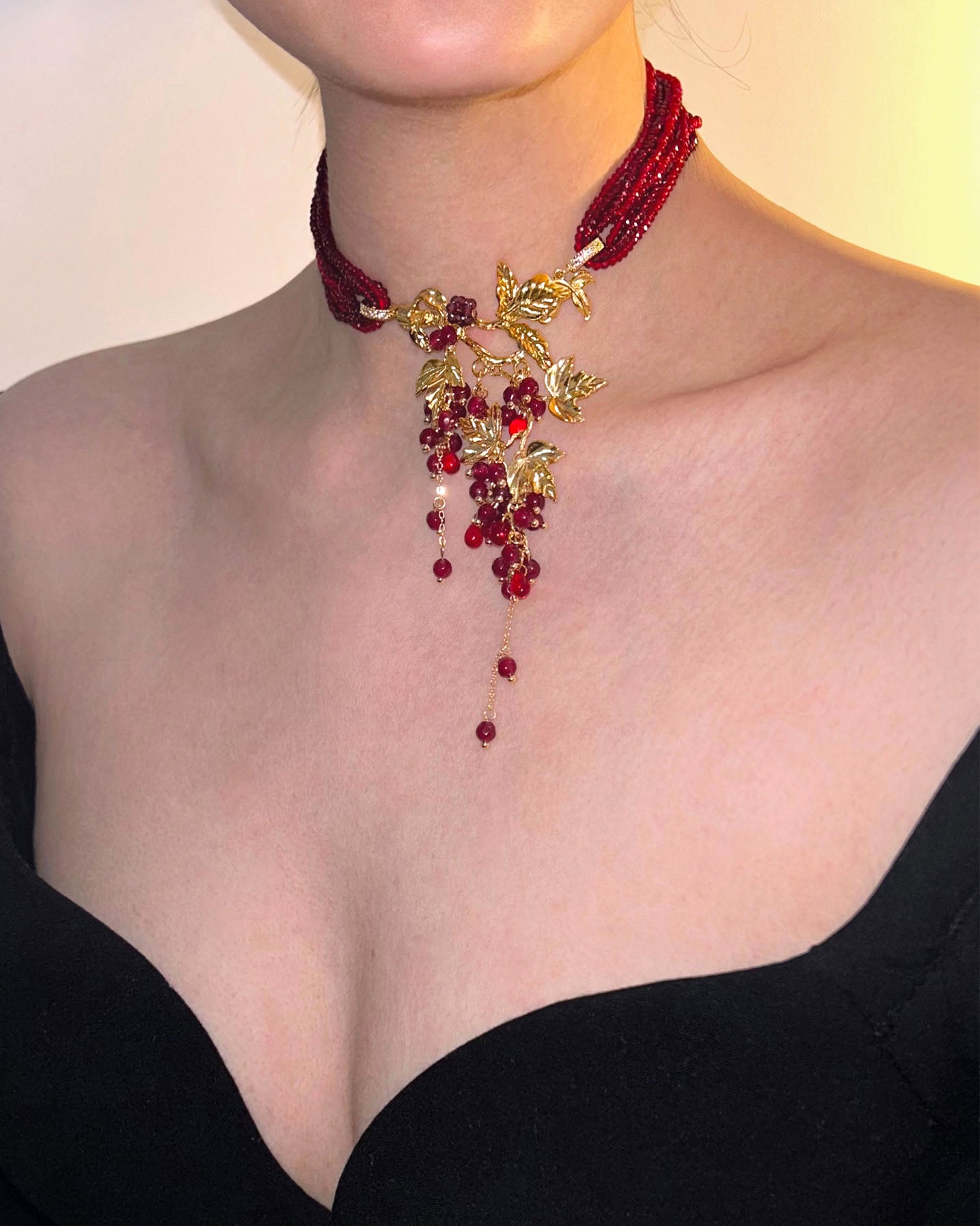 Beaded Gold Grape Leaf Tassel Choker Necklace