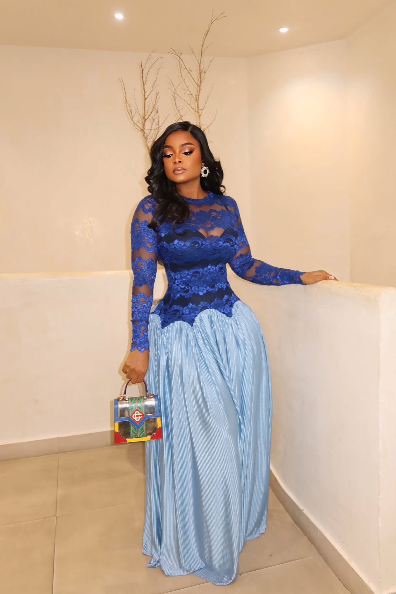 Mariselle Oceanic Lace & Pleated Maxi Dress